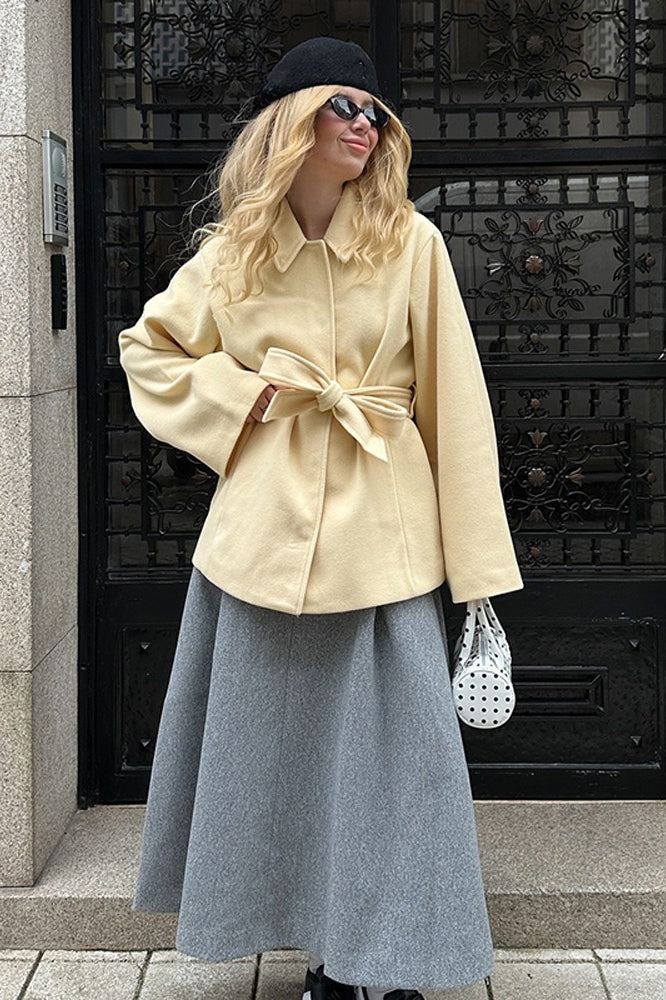 Solid Color Belted Midi Wool Blend Coat - Image 4