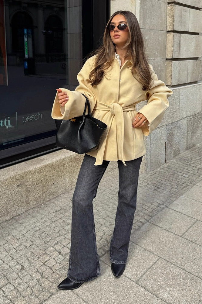Solid Color Belted Midi Wool Blend Coat - Image 5