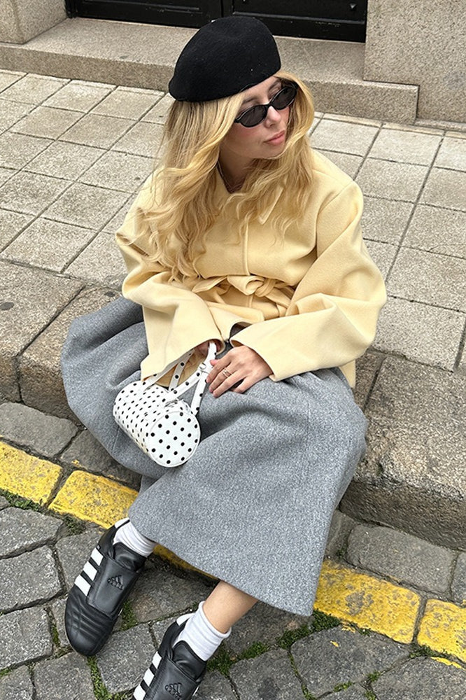 Solid Color Belted Midi Wool Blend Coat - Image 7