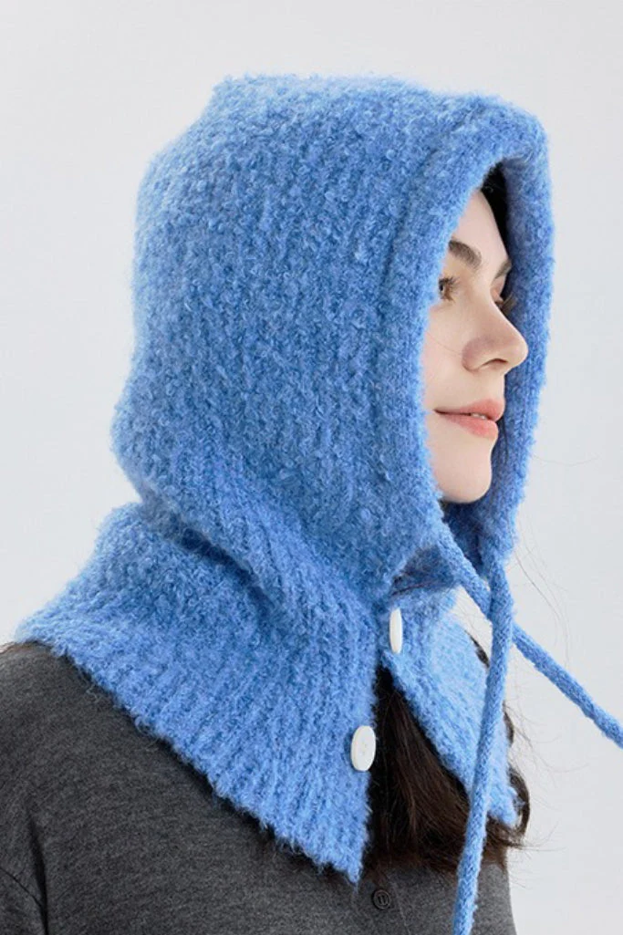 Solid Color Button-Down Balaclava One-Piece Knitted Warm Hat - Image 2