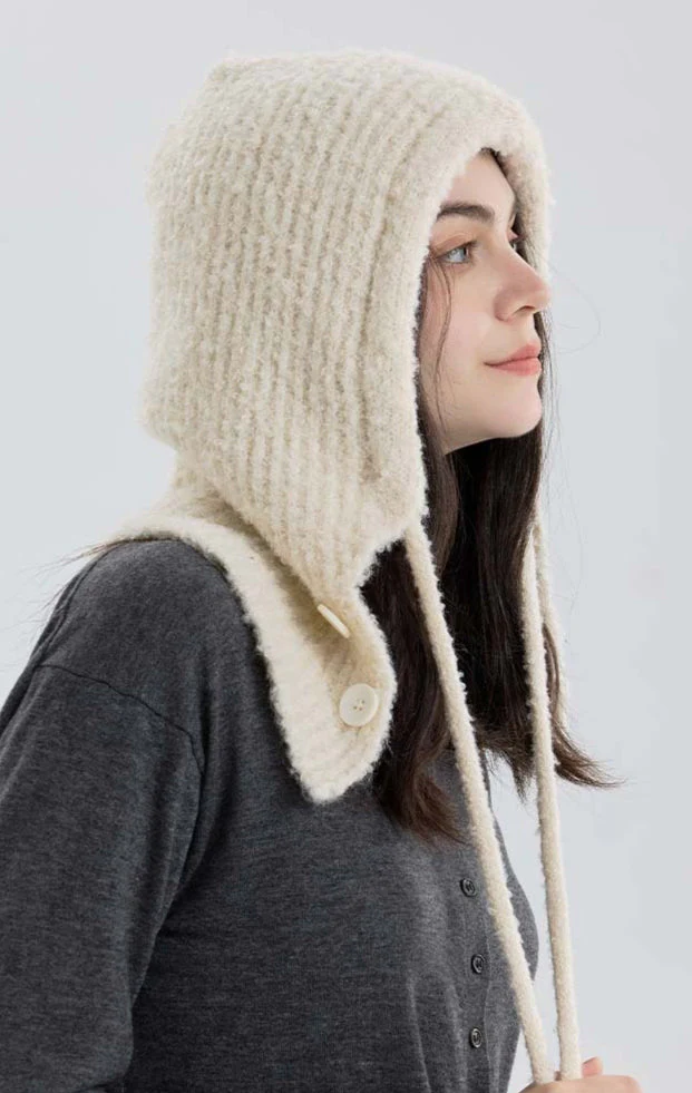 Solid Color Button-Down Balaclava One-Piece Knitted Warm Hat - Image 3