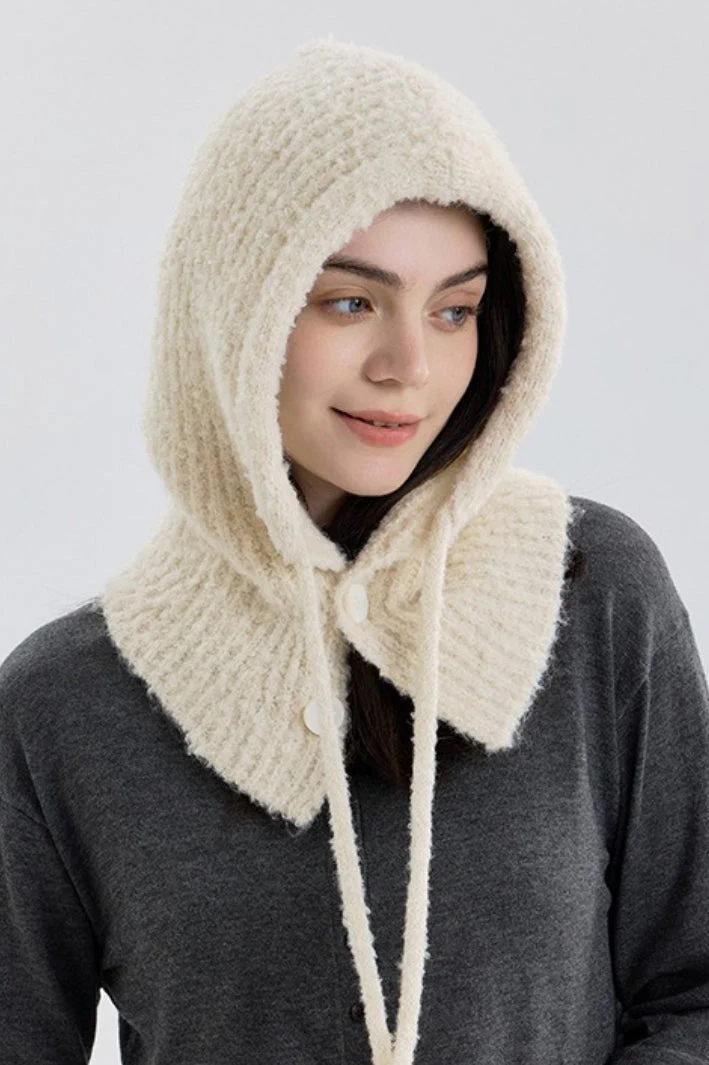 Solid Color Button-Down Balaclava One-Piece Knitted Warm Hat - Image 4
