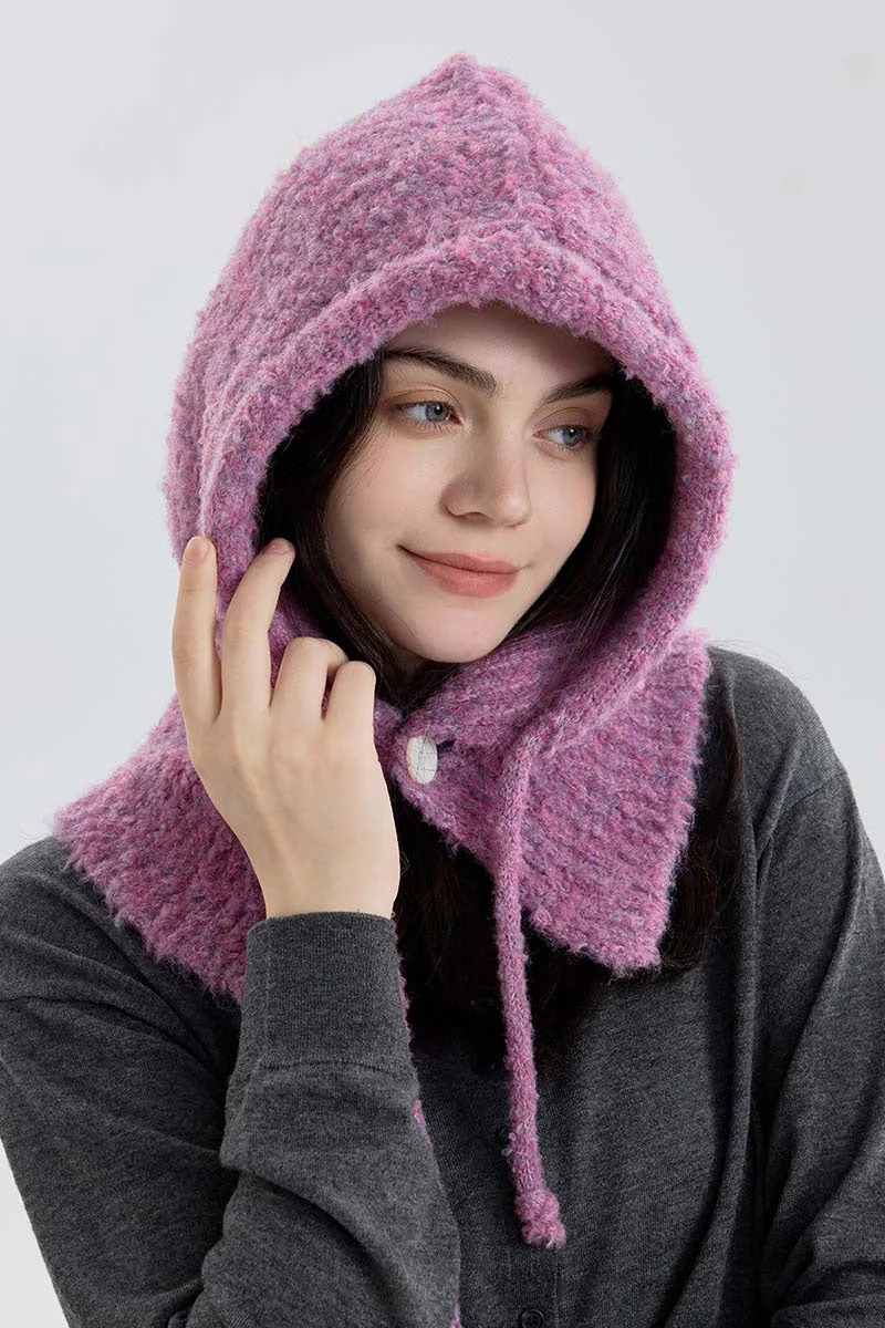 Solid Color Button-Down Balaclava One-Piece Knitted Warm Hat - Image 5