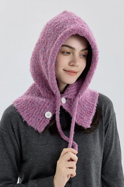 Solid Color Button-Down Balaclava One-Piece Knitted Warm Hat - Image 6