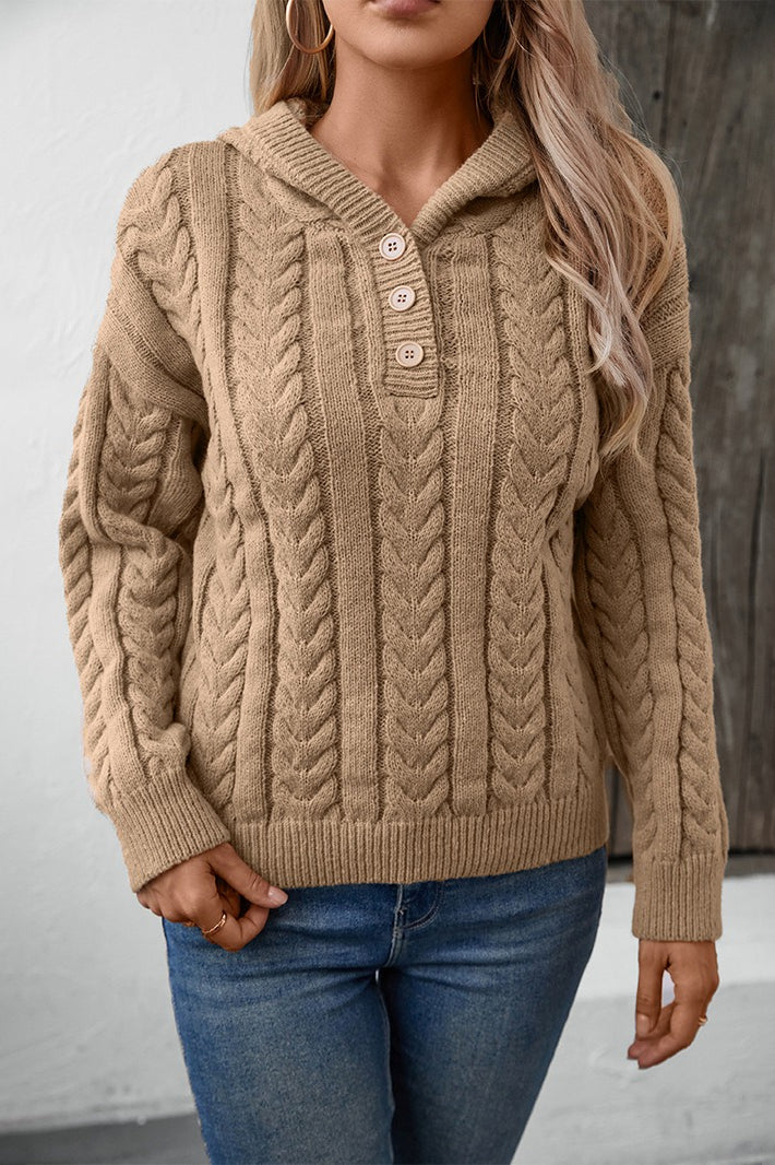 Vintage Solid Color Button-Front Hooded Thick Warm Sweater - Image 2