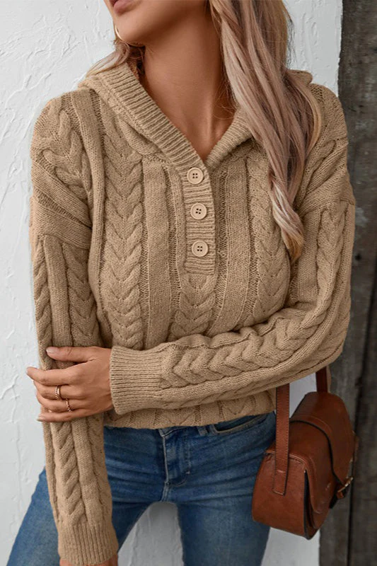 Vintage Solid Color Button-Front Hooded Thick Warm Sweater - Image 3