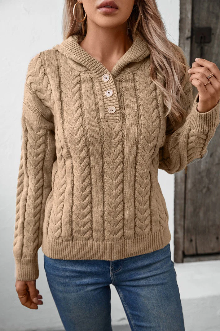 Vintage Solid Color Button-Front Hooded Thick Warm Sweater - Image 4