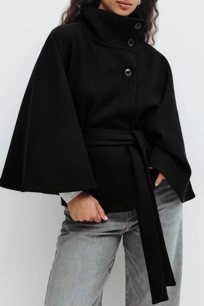 Solid Color Cape Collar Belted Trench Coat - Image 4