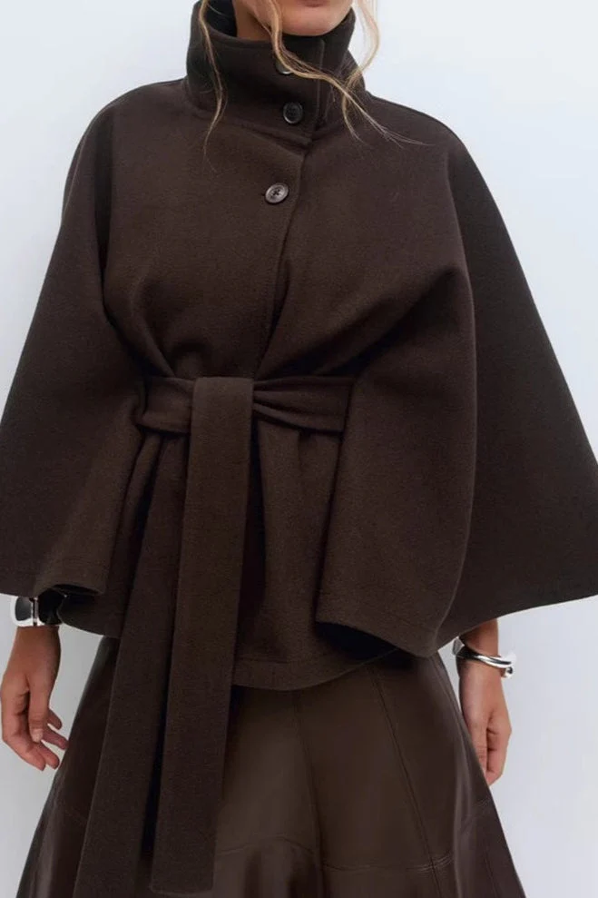 Solid Color Cape Collar Belted Trench Coat - Image 5