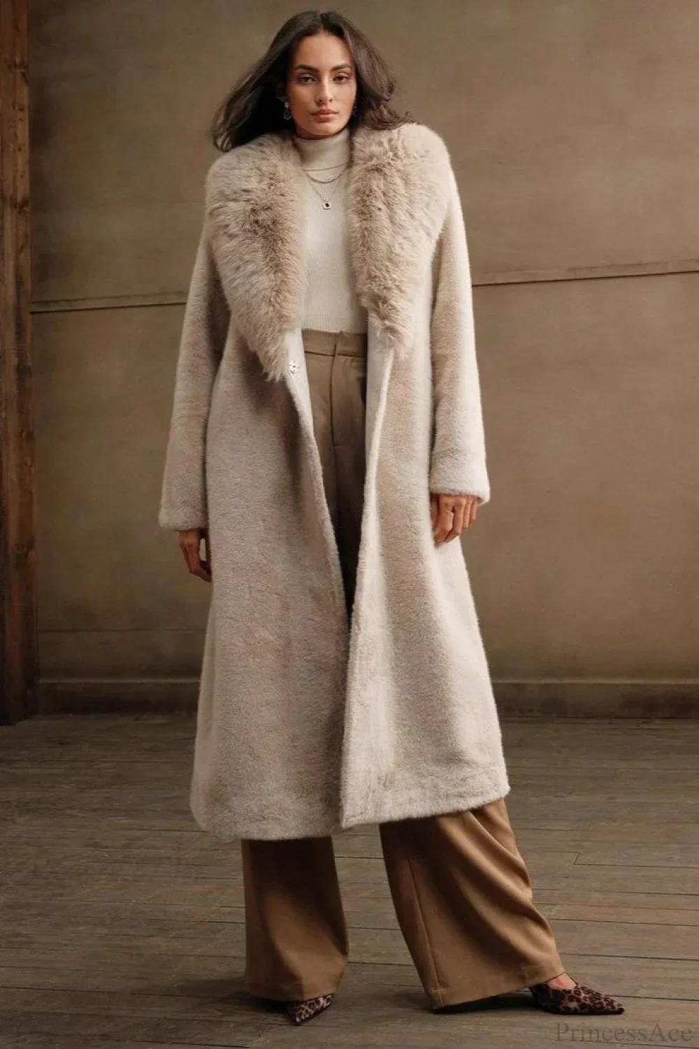 Solid Color Casual Furry Collar Faux Fur Overcoat