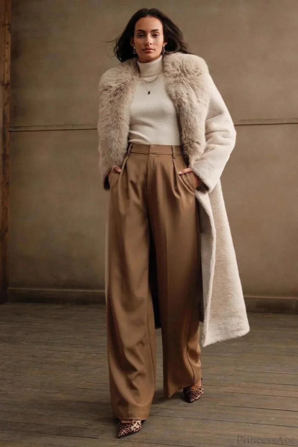 Solid Color Casual Furry Collar Faux Fur Overcoat - Image 3