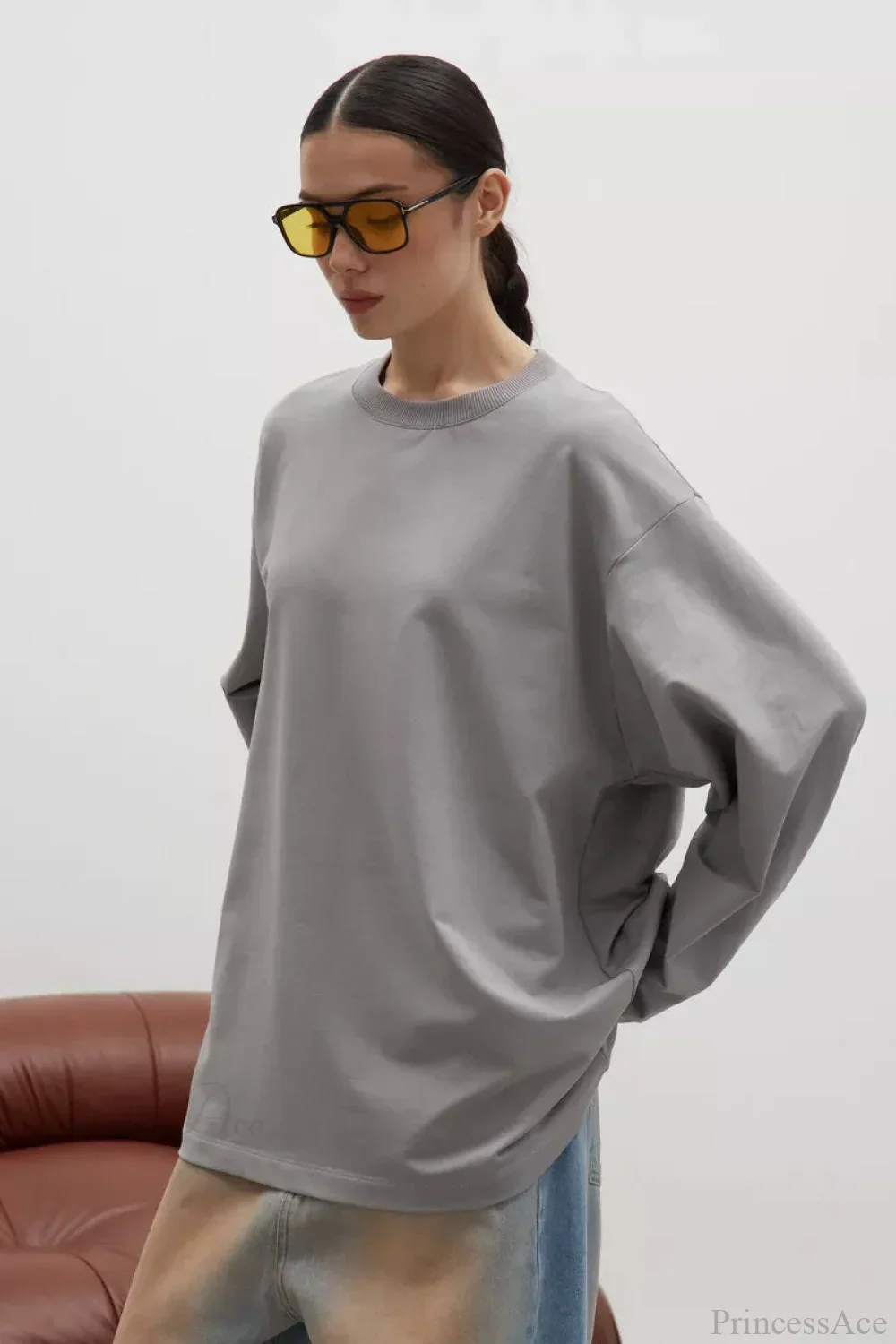 Solid Color Crew Neck Loose Casual Long Sleeve Tee - Image 12