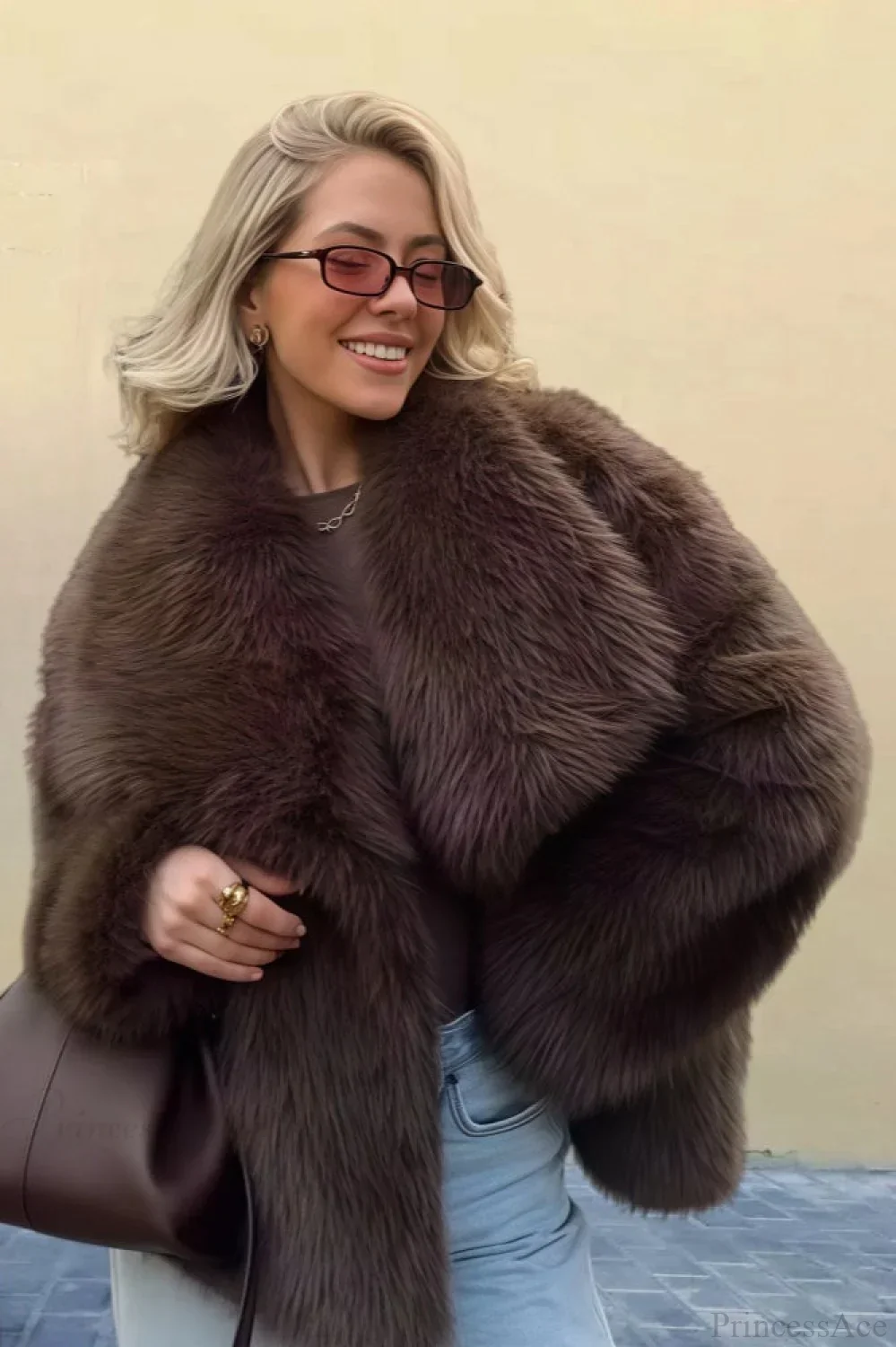 Vintage Solid Color Faux Fur Minimalist Coat - Image 2