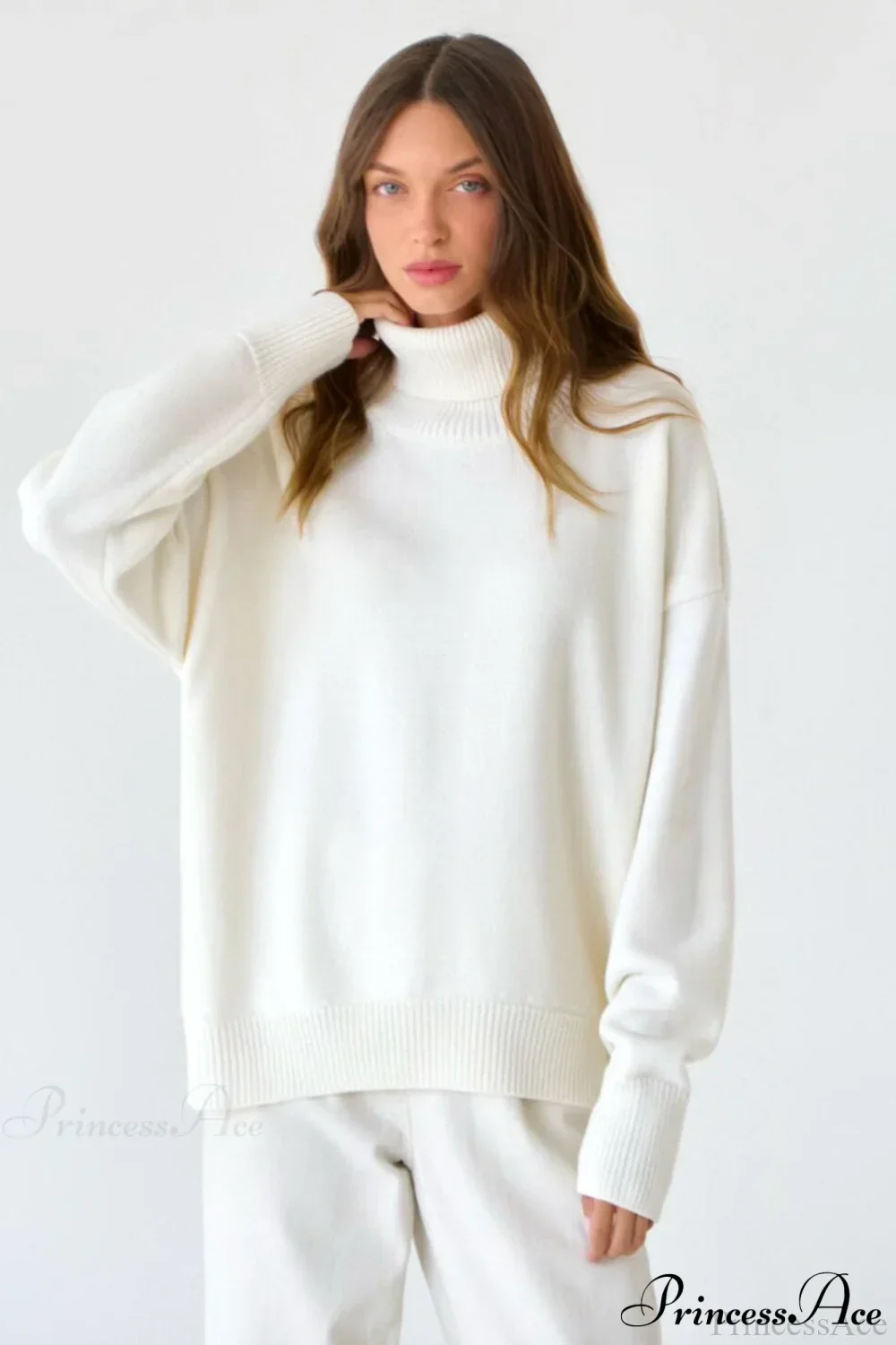 Solid Color High-Neck Loose Knit Sweater - Image 3