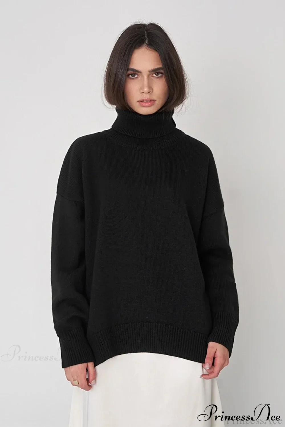 Solid Color High-Neck Loose Knit Sweater - Image 4