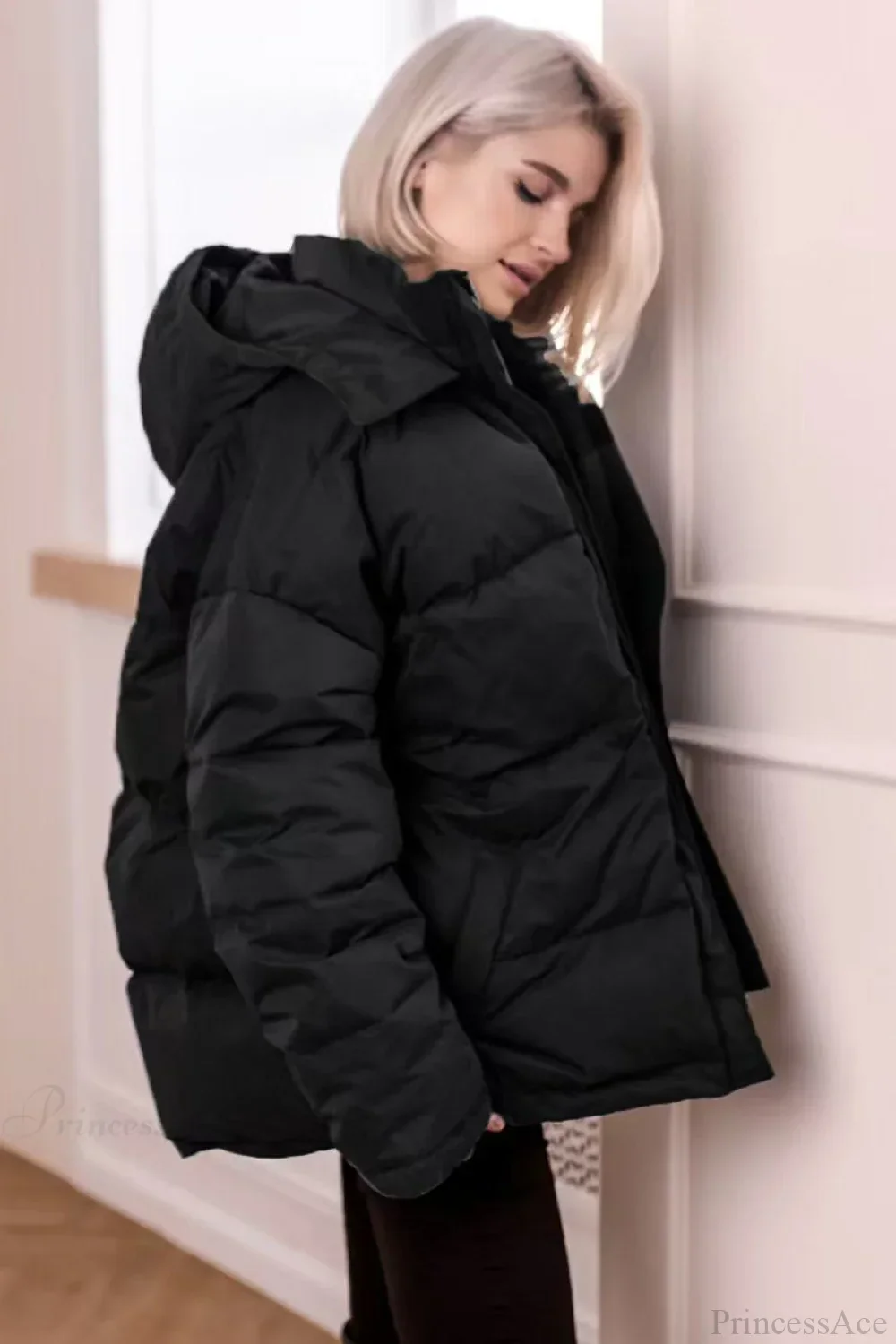 Solid Color Hooded Zippered Thickened Quilted Coat - Image 13