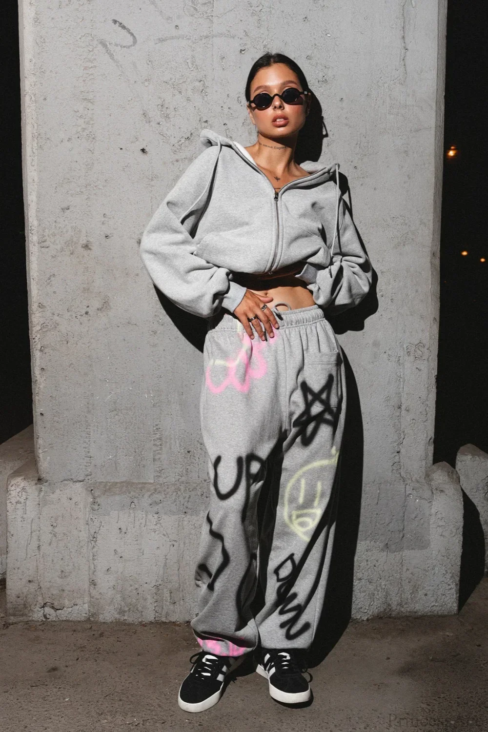 solid color hoodie Colorful Graffiti Letter Casual Pants Two Piece Set - Image 5