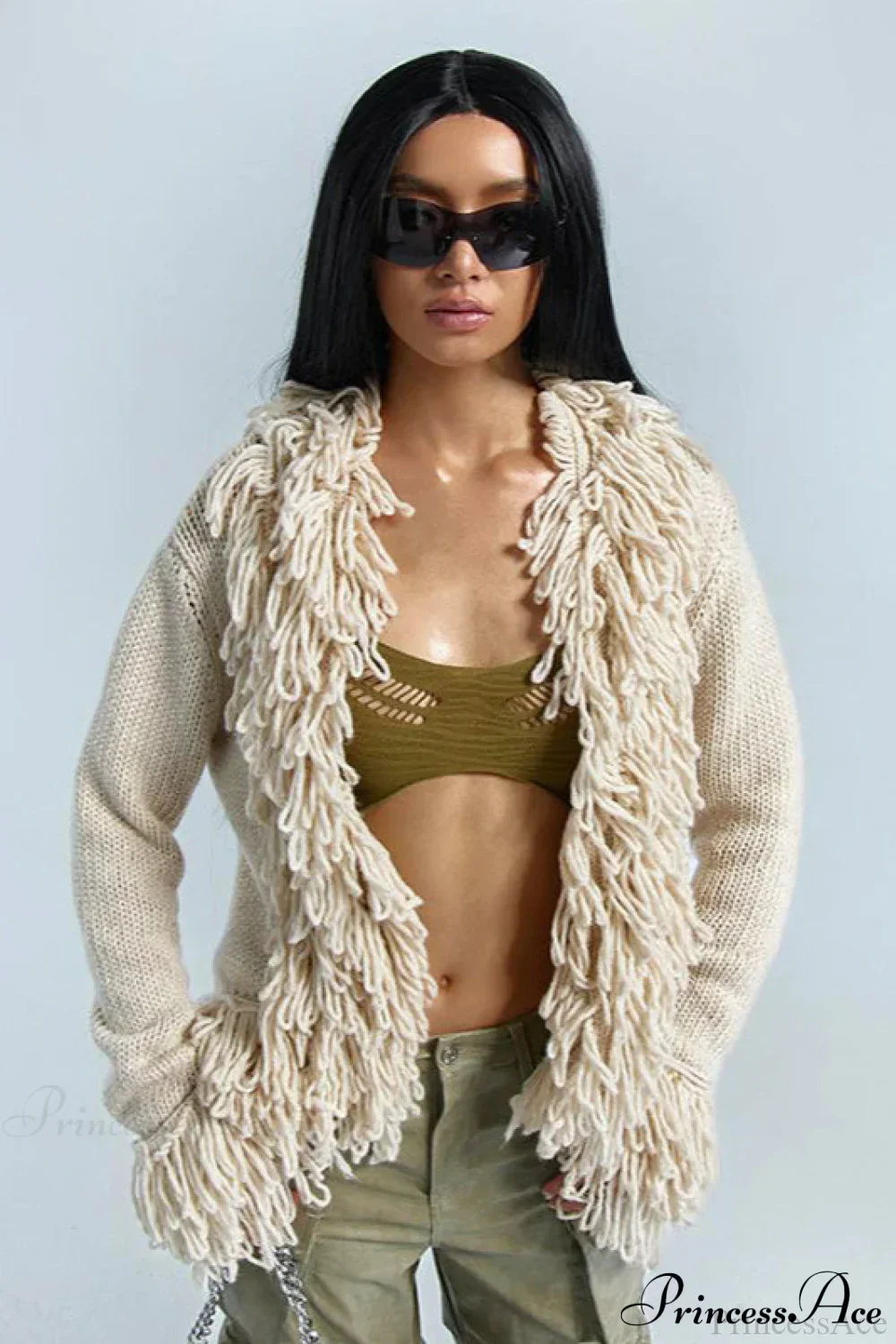 Solid Color Knit Fringe Loose Long Sleeve Cardigan - Image 2