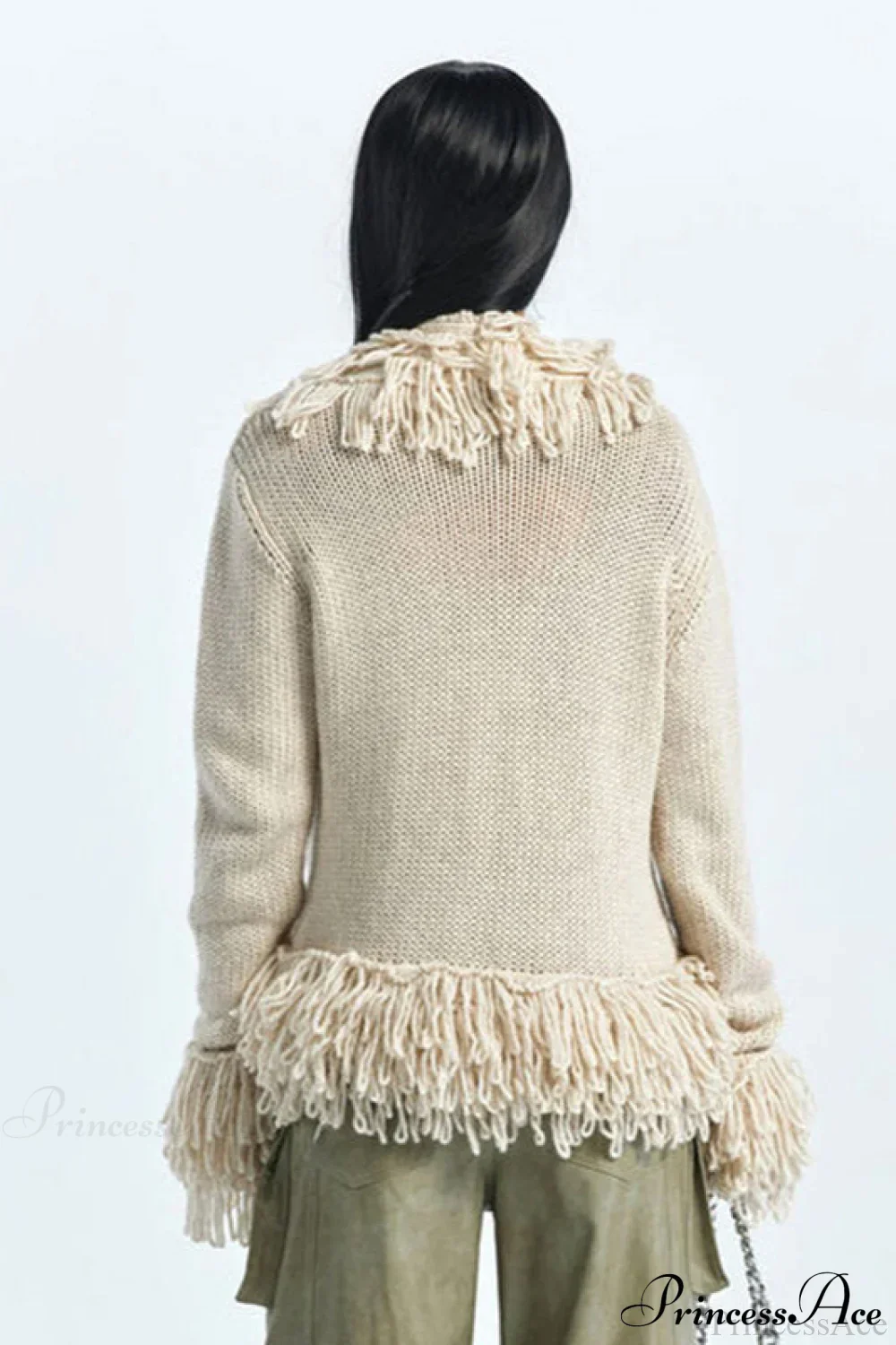 Solid Color Knit Fringe Loose Long Sleeve Cardigan - Image 3