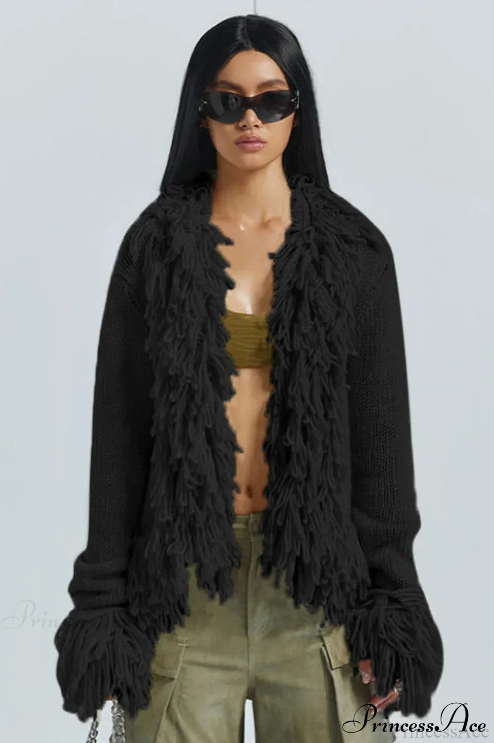 Solid Color Knit Fringe Loose Long Sleeve Cardigan - Image 4