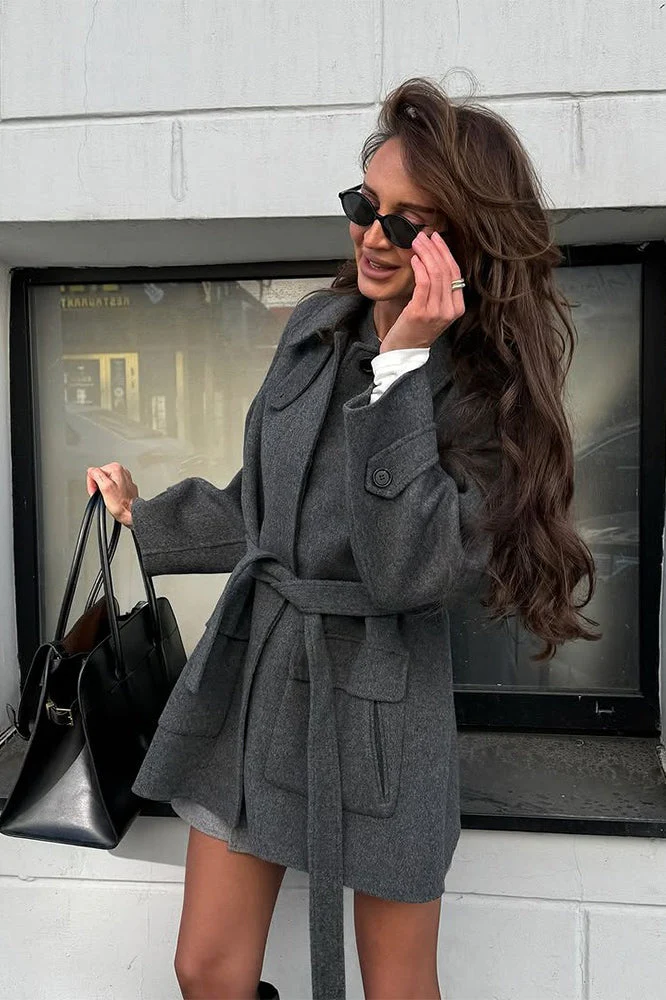 Solid Color Lapel Belted Wool Coat - Image 2