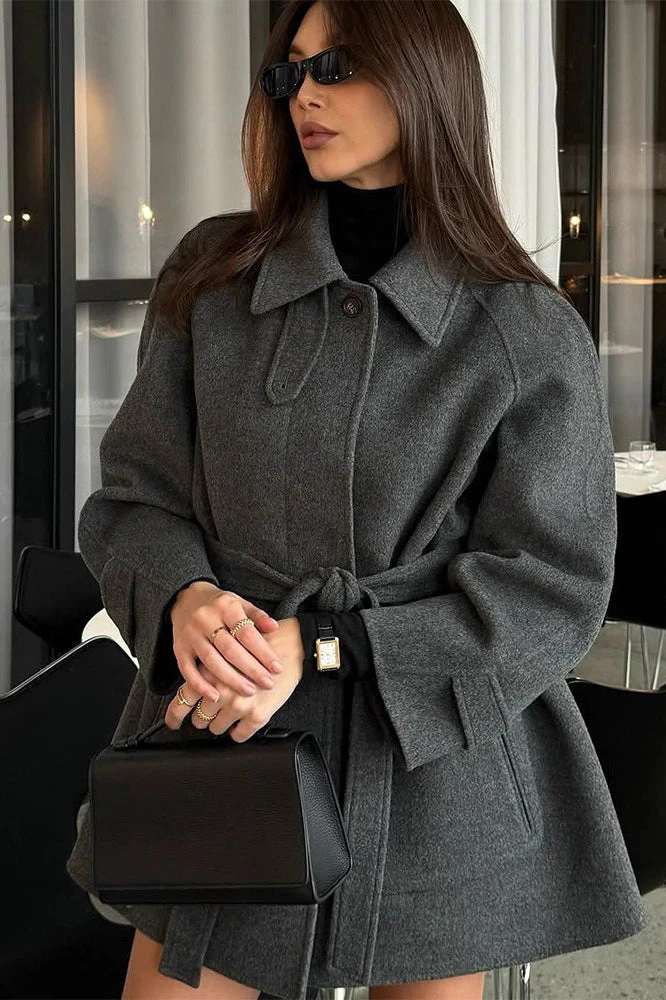 Solid Color Lapel Belted Wool Coat - Image 4