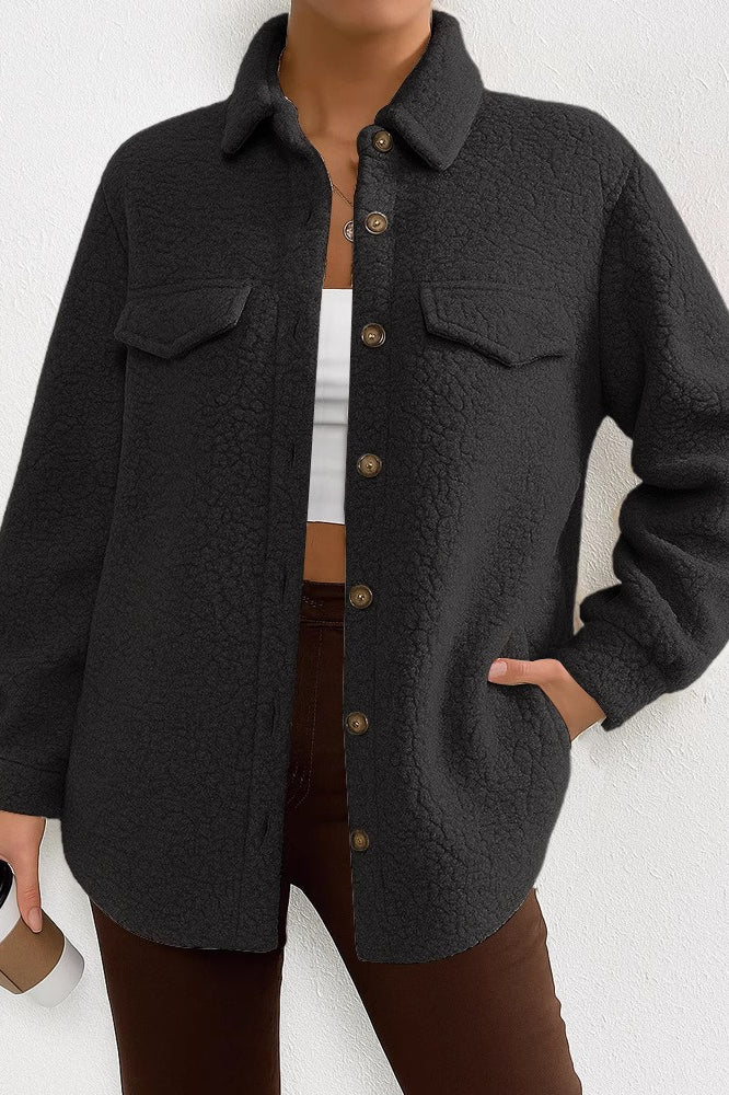 Solid Color Lapel Fleece Coat - Image 3