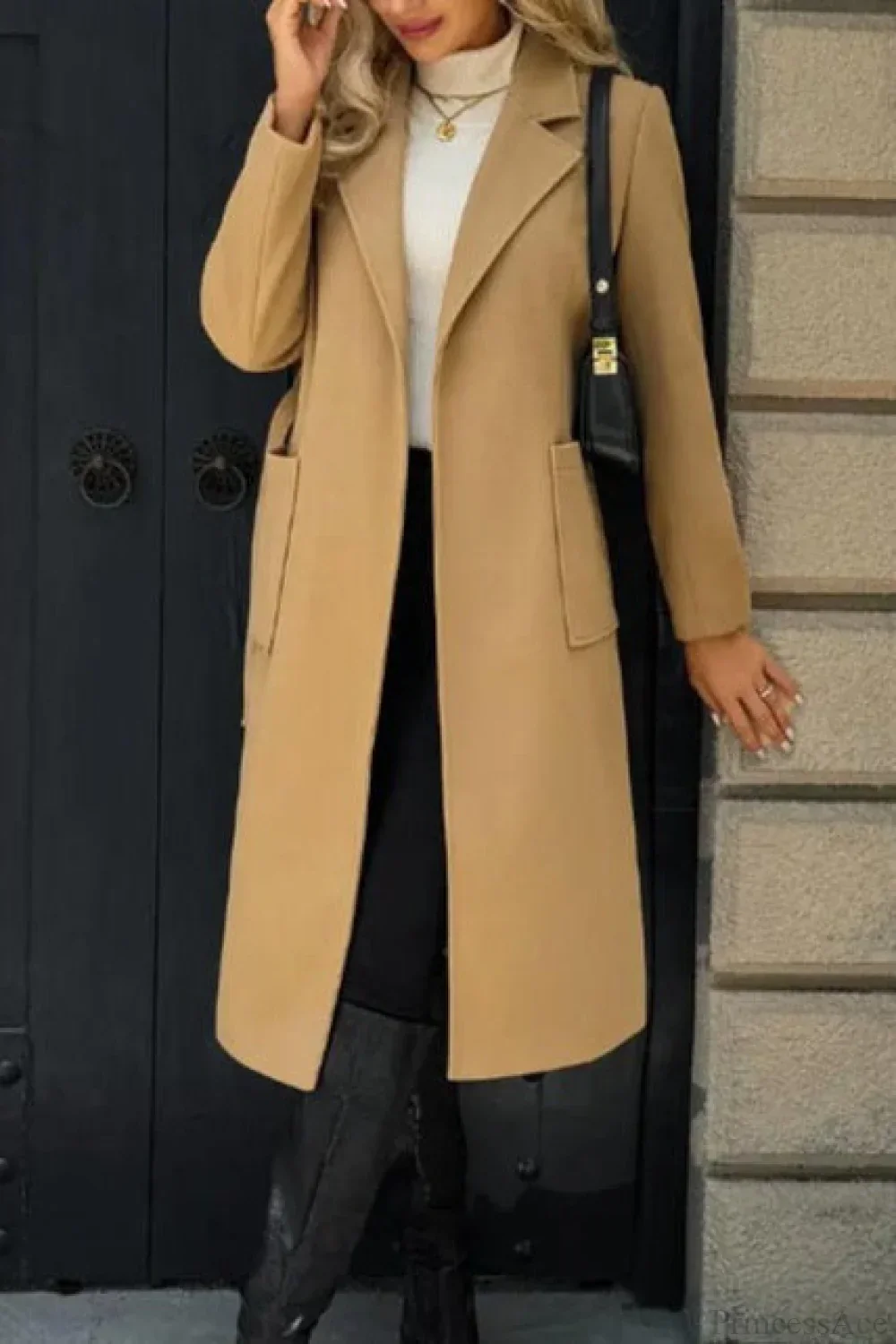 Vintage Solid Color Minimalist Tie Waist Wool Blend Notched Overcoat - Image 2