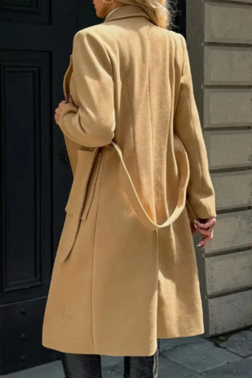 Vintage Solid Color Minimalist Tie Waist Wool Blend Notched Overcoat - Image 3