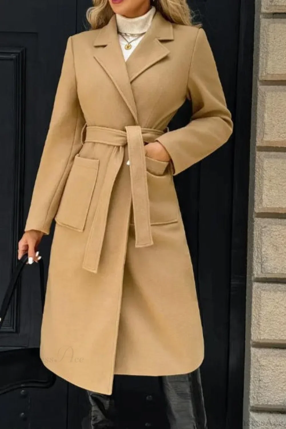 Vintage Solid Color Minimalist Tie Waist Wool Blend Notched Overcoat - Image 4