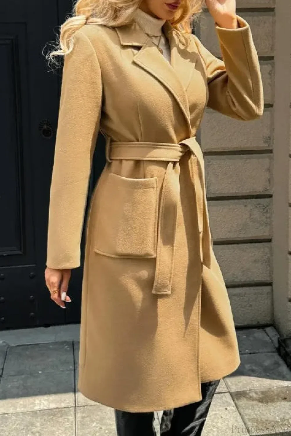 Vintage Solid Color Minimalist Tie Waist Wool Blend Notched Overcoat - Image 5