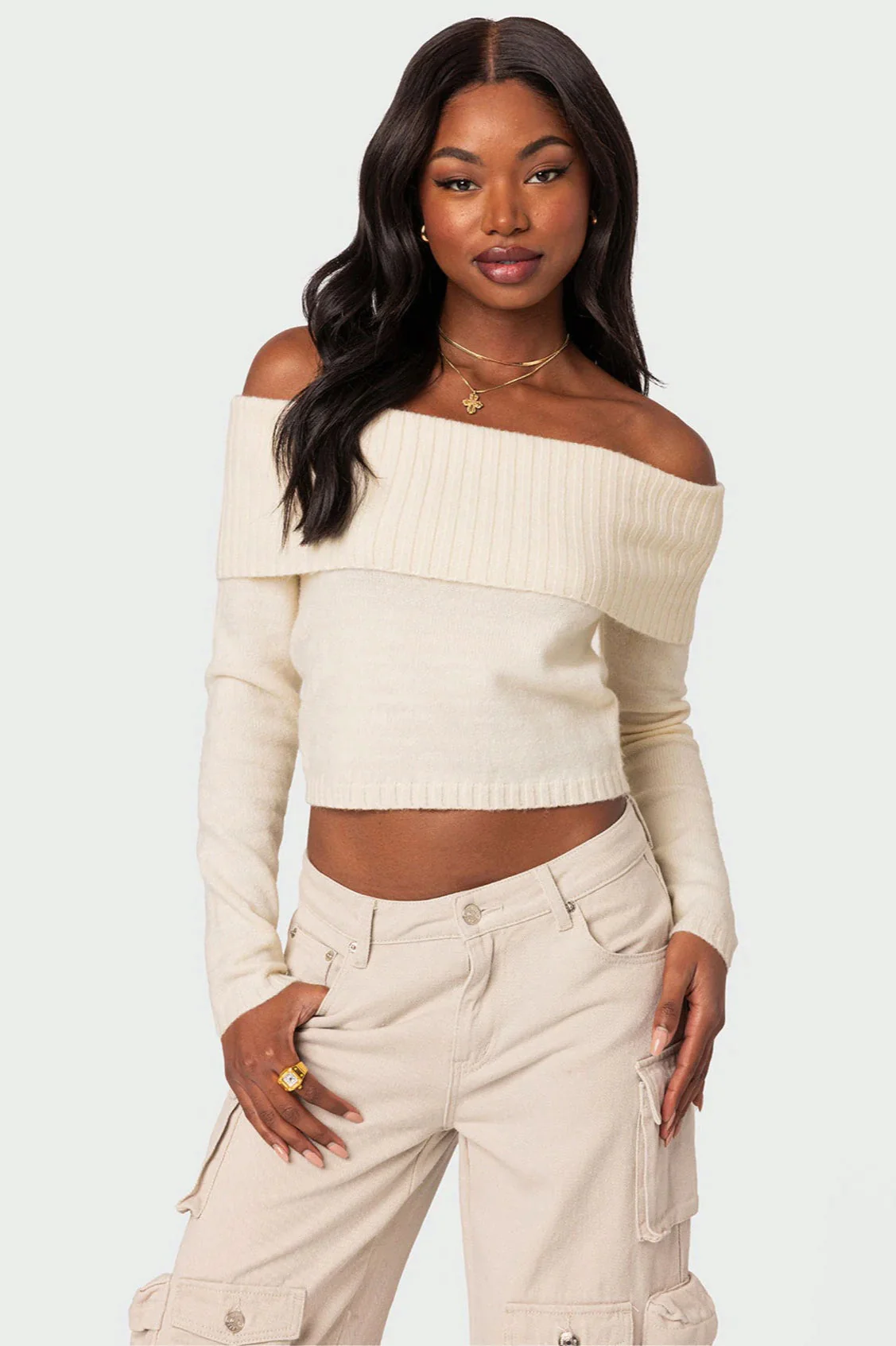 Solid Color Off-Shoulder Boat Neck Long-Sleeve Knit Top - Image 7
