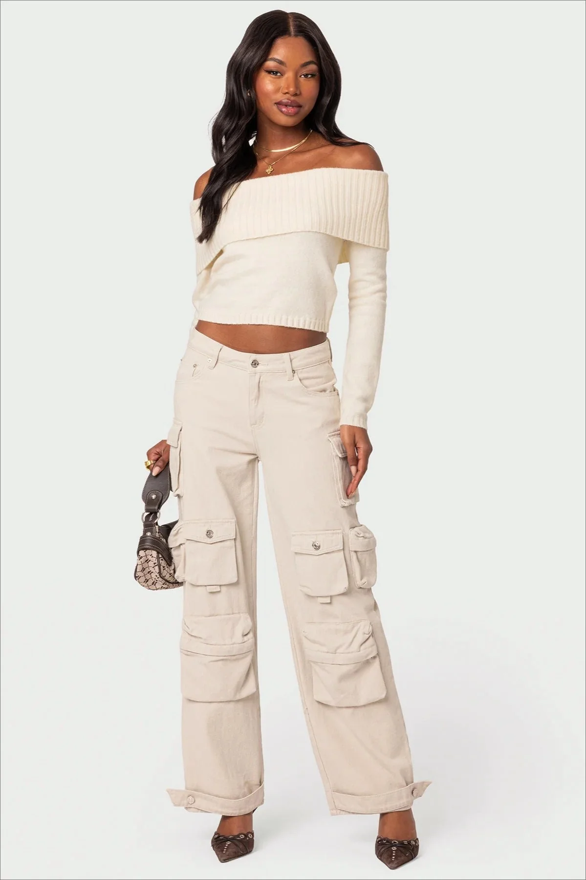 Solid Color Off-Shoulder Boat Neck Long-Sleeve Knit Top - Image 8