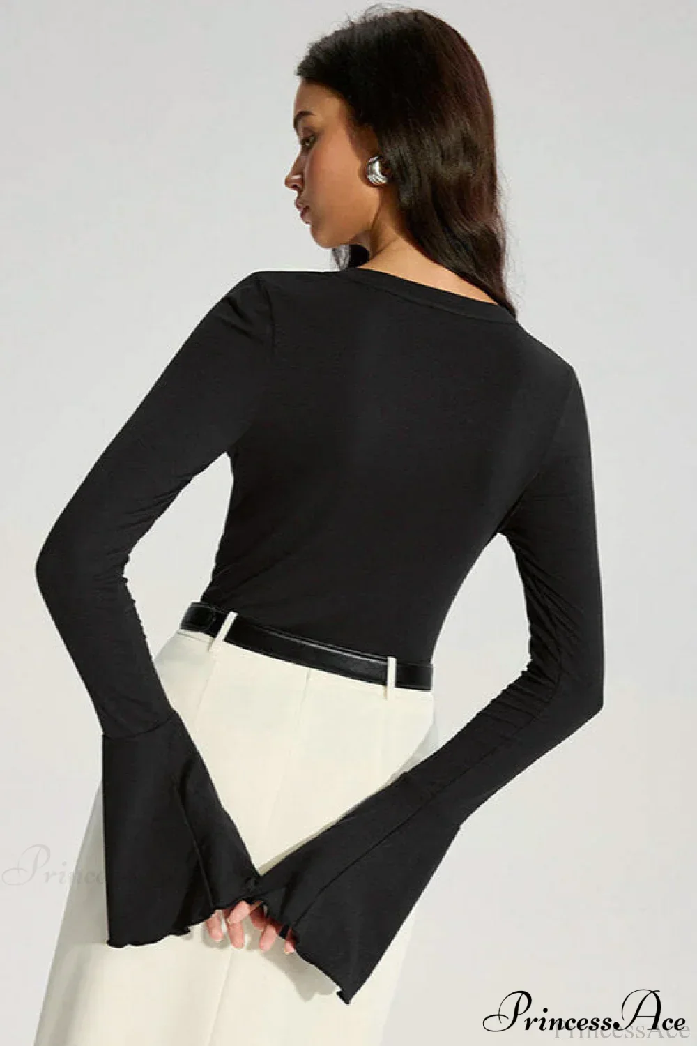 Solid Color Panel Flared Sleeve Ruffled Blouse - Image 3