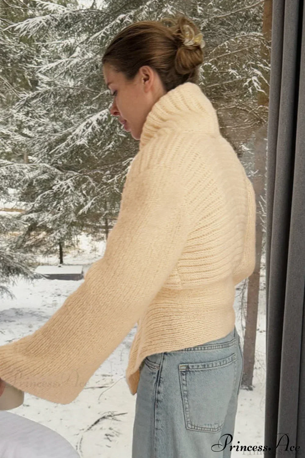 Solid Color Paneled Waist Cinched Knit Cardigan - Image 3