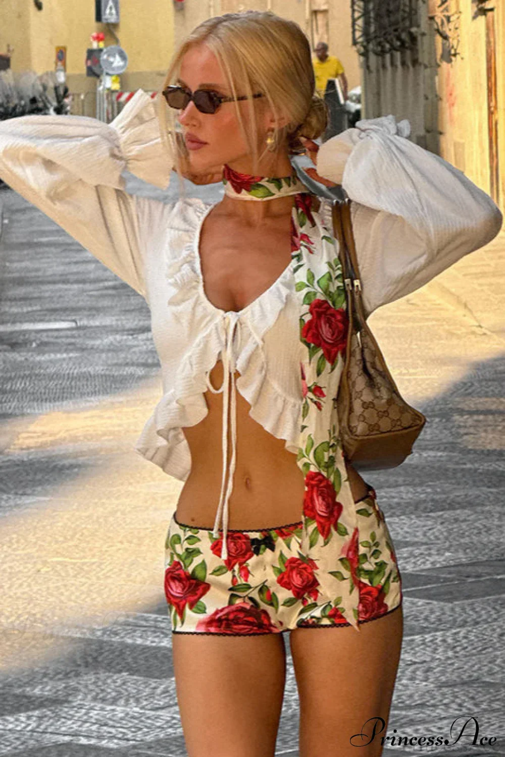 Solid Color Ruffled Tie Long Sleeve Blouse - Image 2