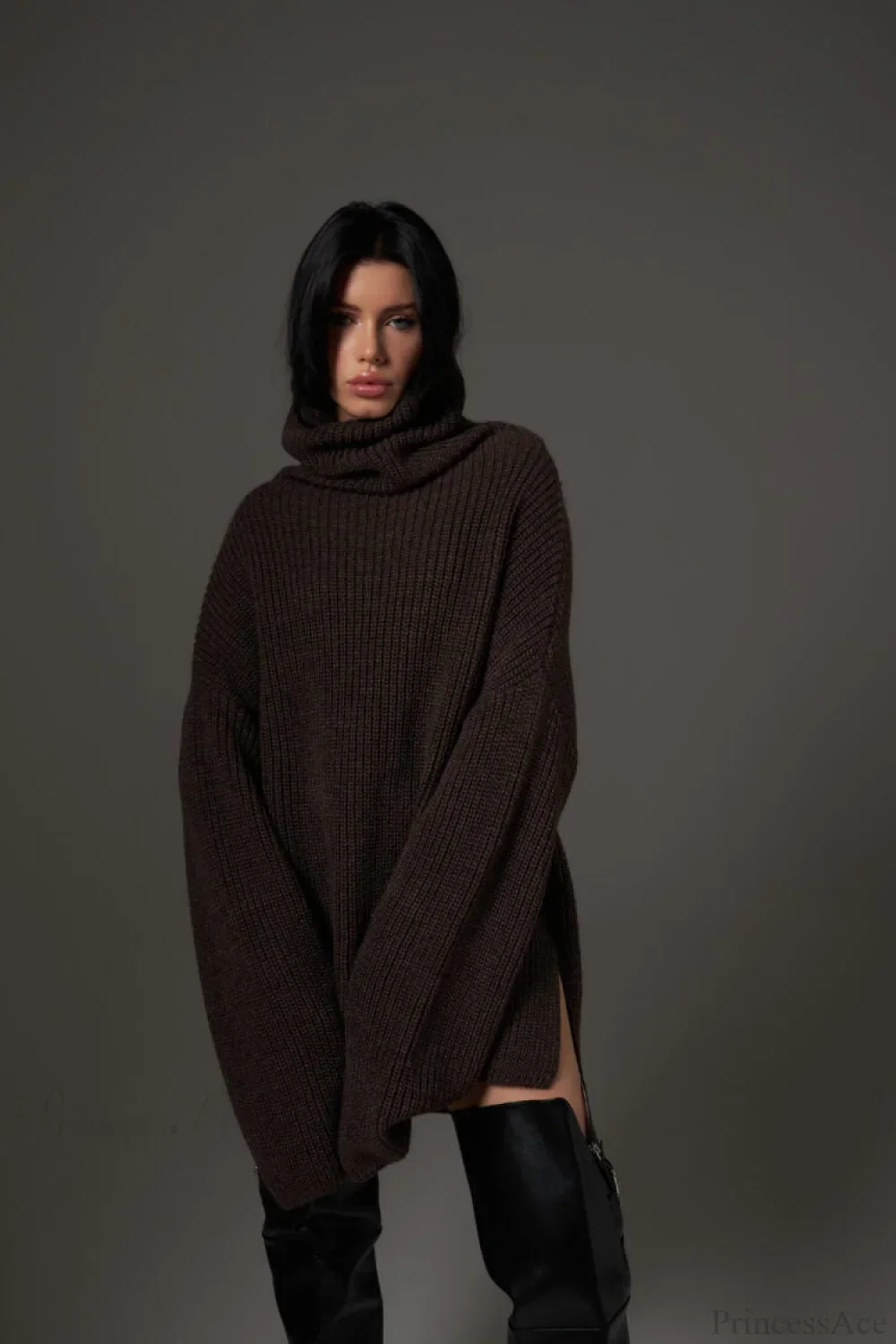 Solid Color Simple Turtleneck Pullover Mid length Knit Sweater - Image 5