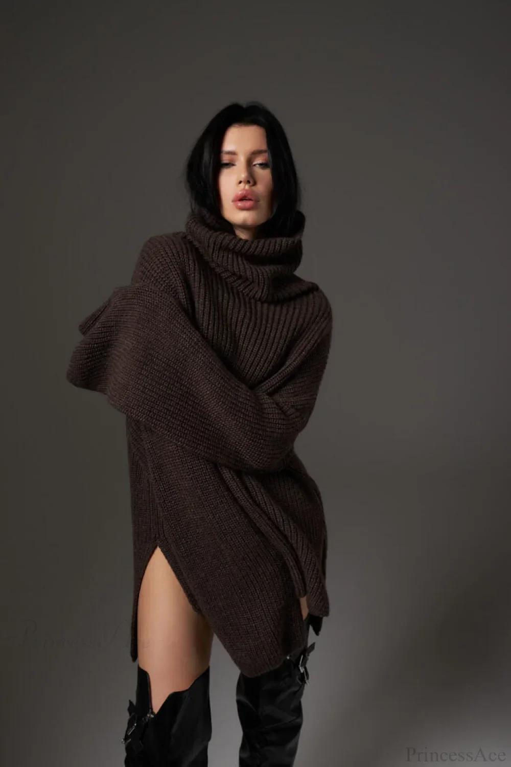 Solid Color Simple Turtleneck Pullover Mid length Knit Sweater - Image 7
