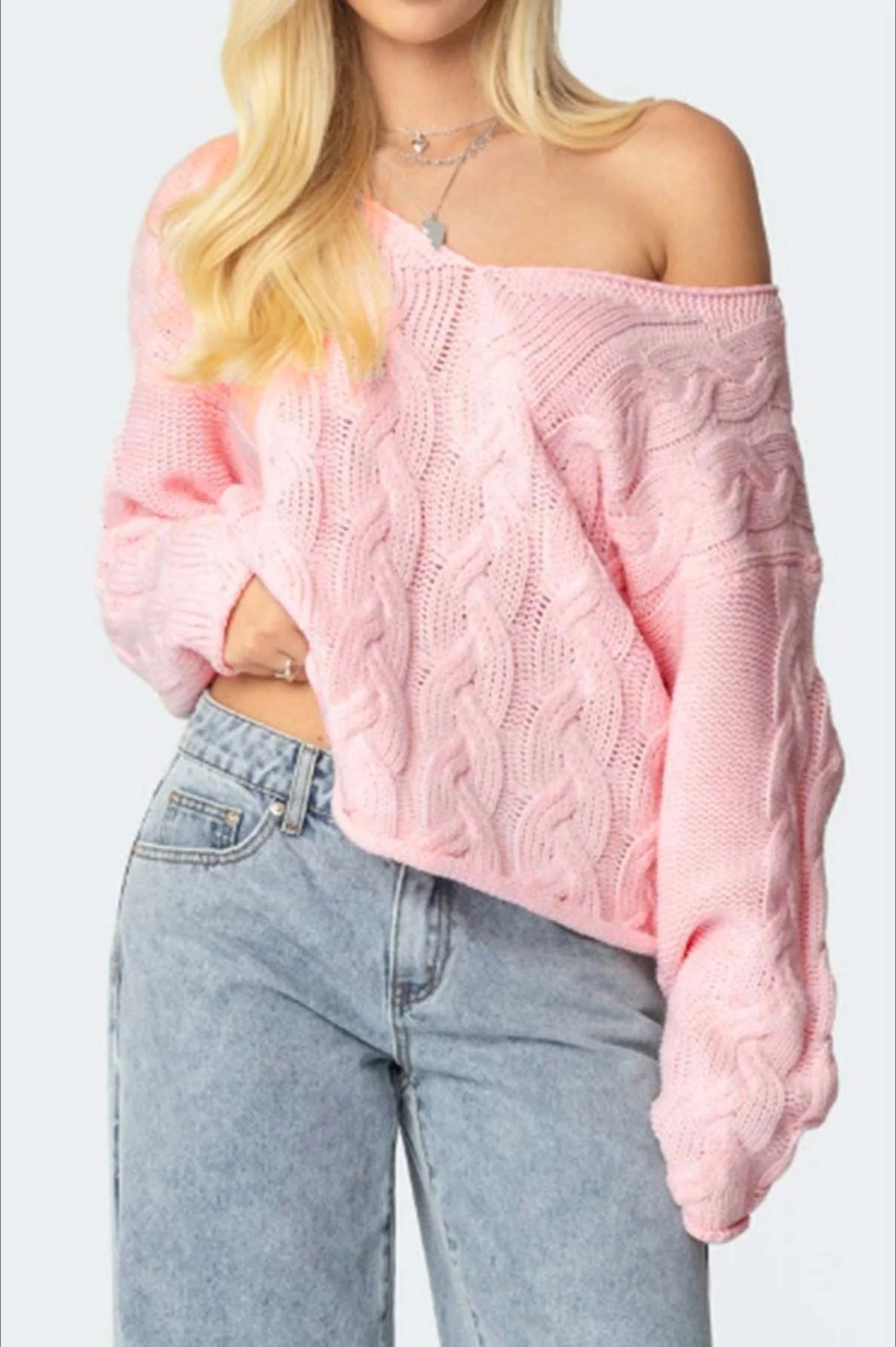 Solid Color V-Neck Cable-Knit Loose Sweater - Image 2