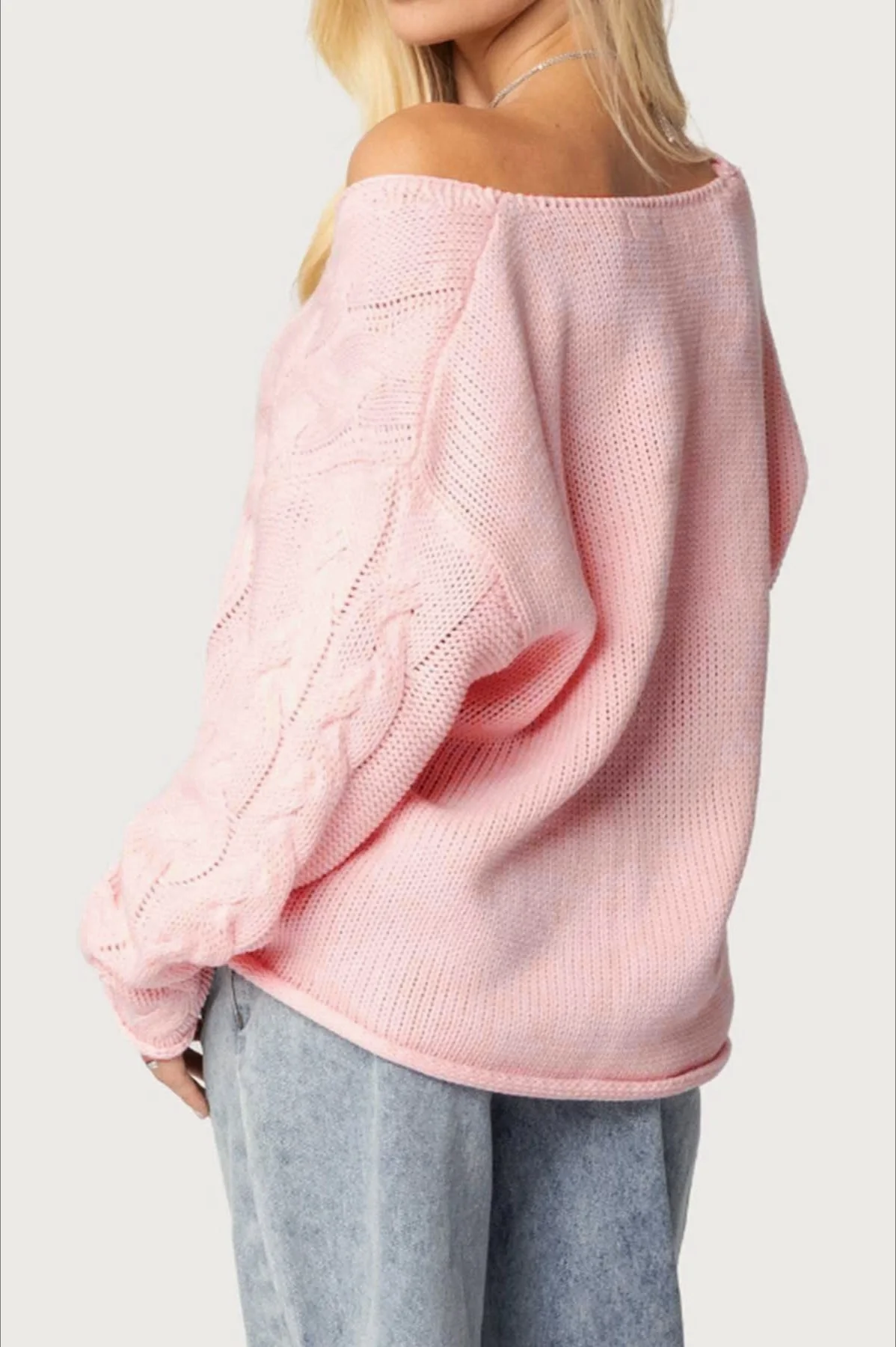 Solid Color V-Neck Cable-Knit Loose Sweater - Image 3