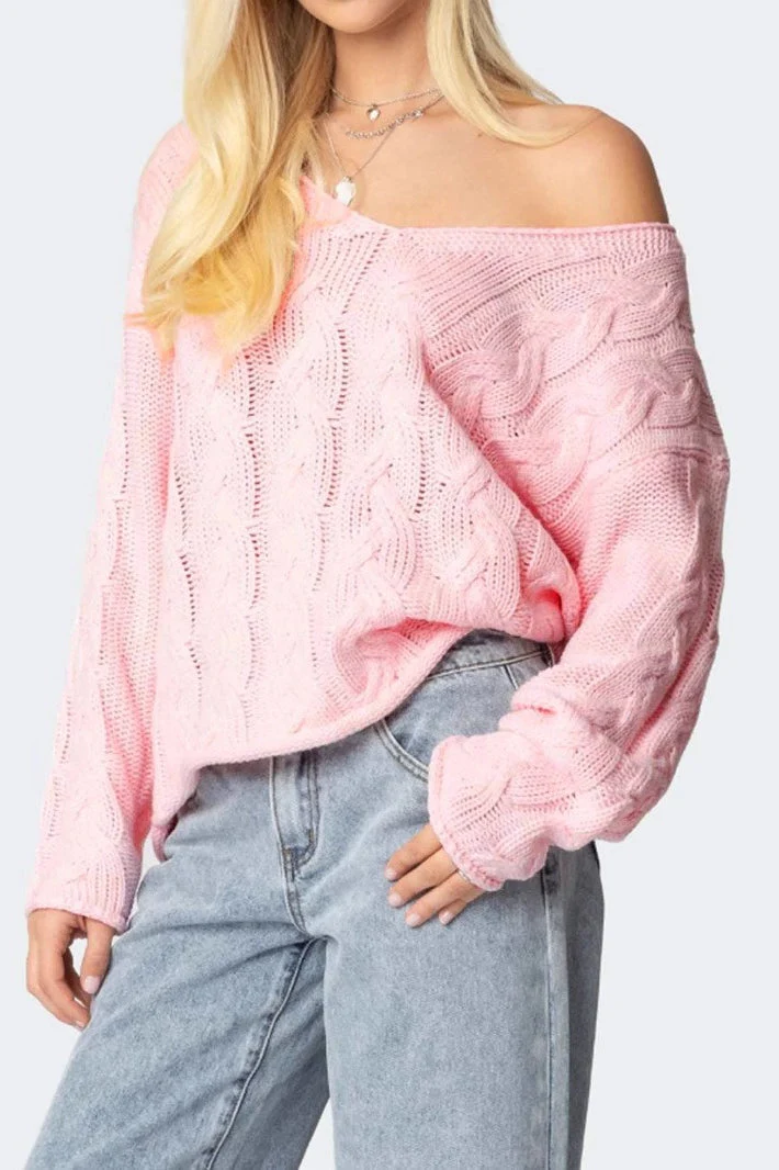 Solid Color V-Neck Cable-Knit Loose Sweater - Image 4