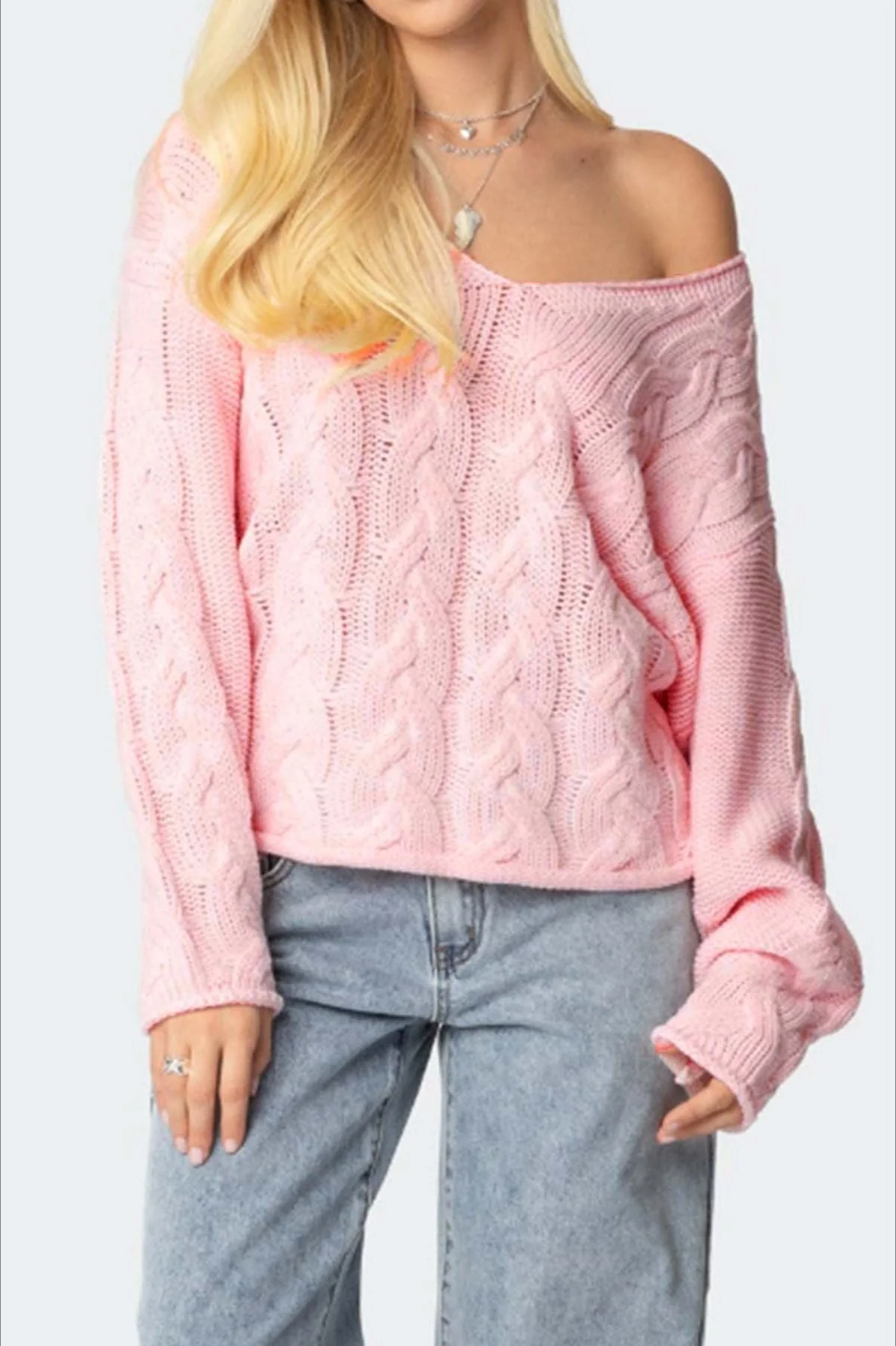 Solid Color V-Neck Cable-Knit Loose Sweater - Image 5