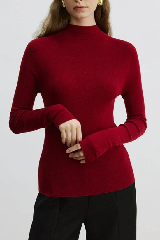 Solid Color Washable Wool Turtleneck Long Sleeve Tee - Image 3