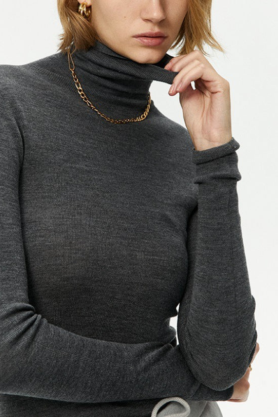 Solid Color Washable Wool Turtleneck Long Sleeve Tee - Image 7