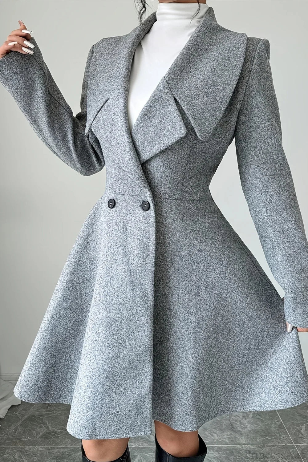 Solid Color Wool Tie Waist Elegant Long Sleeve Overcoat - Image 2