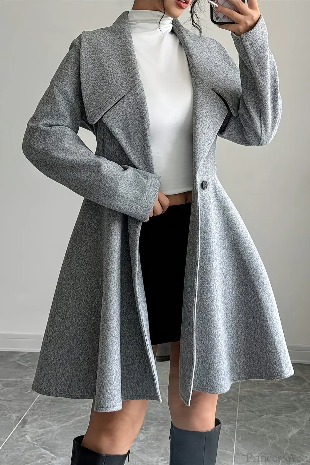 Solid Color Wool Tie Waist Elegant Long Sleeve Overcoat - Image 3