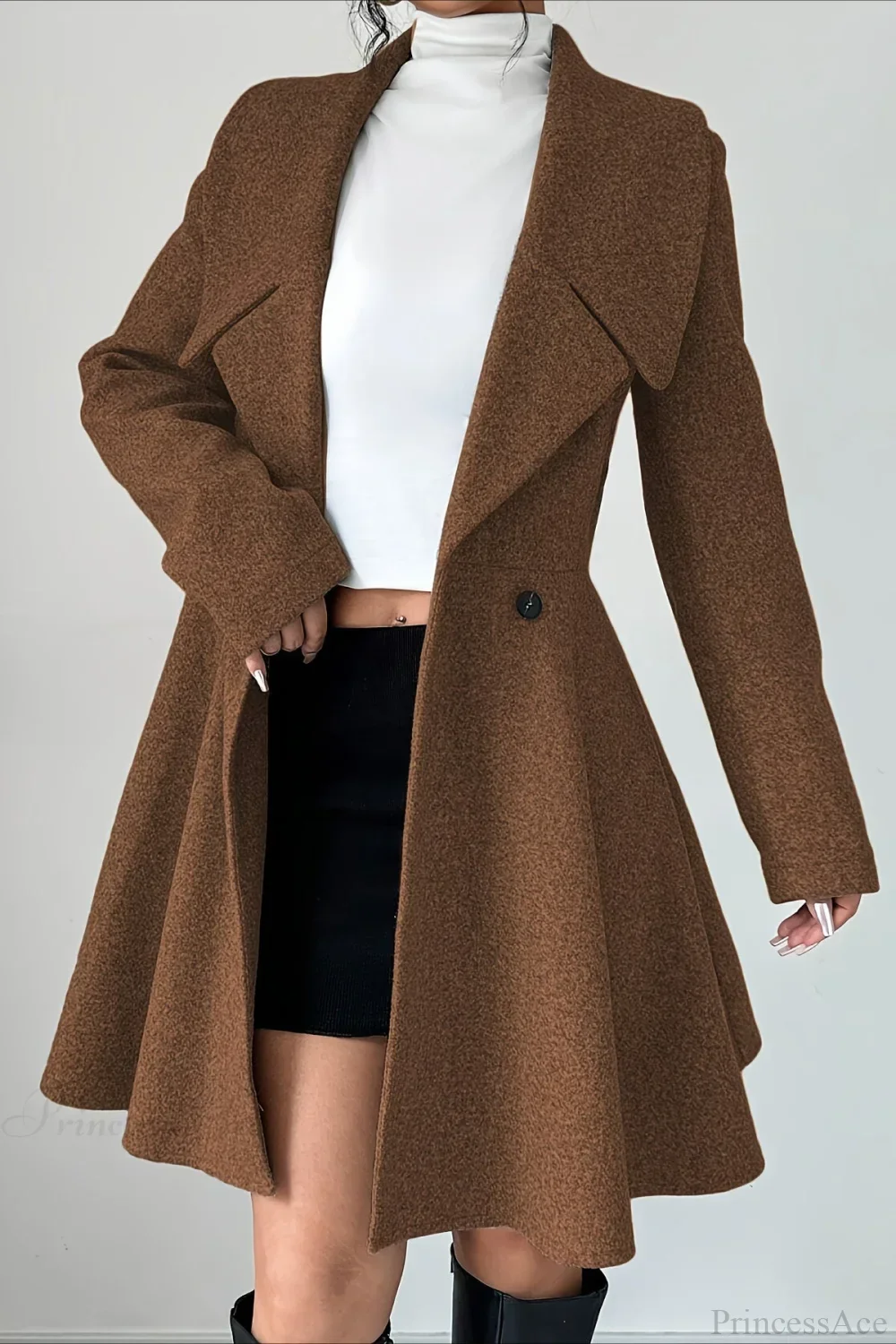 Solid Color Wool Tie Waist Elegant Long Sleeve Overcoat - Image 5