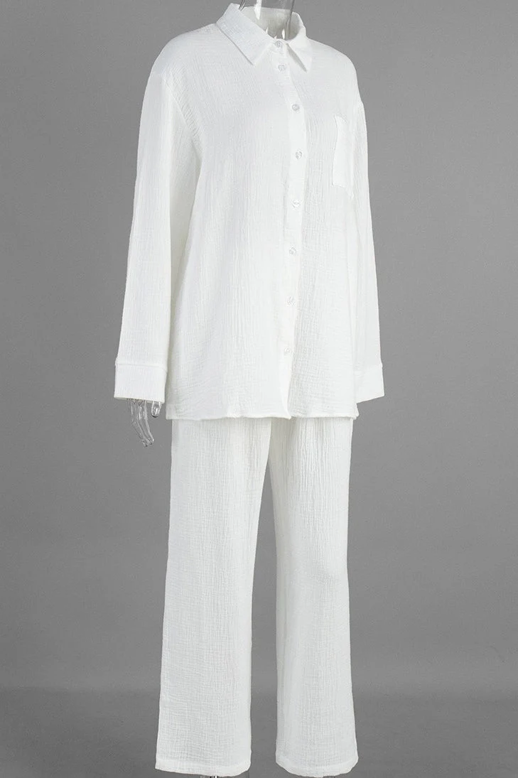 Solid Cotton Wrinkled Shirt Pants Two Piece Set - Image 4