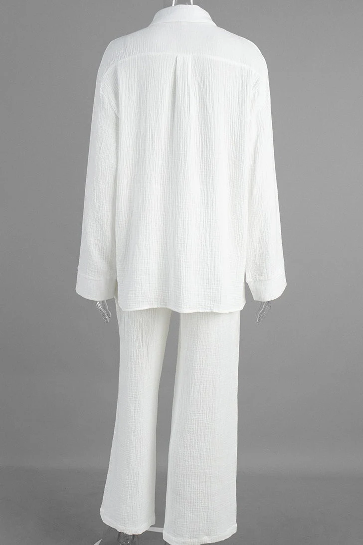 Solid Cotton Wrinkled Shirt Pants Two Piece Set - Image 5