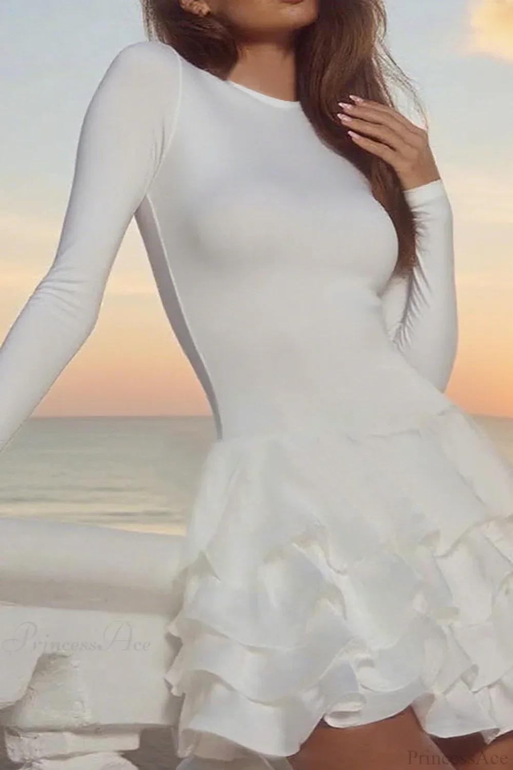 Solid Crew Neck Slim High Waist Puff Mini Dress - Image 2